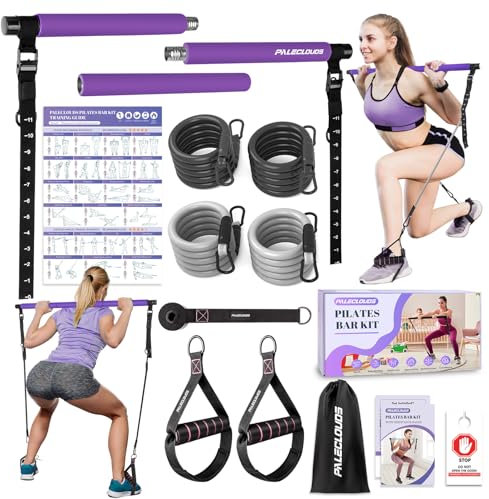 Pilates Stange, Pilates Bar Set mit 2 Paar Widerstandsbänder(25/30Lbs), Metall-Einstellung Schnalle & Ausbildung Poster, Pilates Skulptur Fitness Stange for Home Gym Workout Equipment(Frauen)