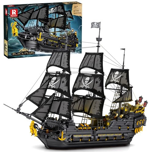 Reobrix 66036 Piratenschiff Bausteinboot Spielzeug, 4910 Teile Groß Black Pearl Boot Schiff Bauspielzeugsets Mit light, MOC Segelschiff Modellbausatz Klemmbausteine, für Erwachsene und Jugendliche