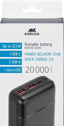 RIVACASE VA2102 Powerbank 20000 mAh, Externer Akku mit hoher Ladekapazität, Typ-C Eingang/Ausgang, 2 Eingänge und 3 Ausgänge, QC/PD 22,5W tragbares Ladegerät kompatibel mit iPhone, Samsung, iPad u.a.