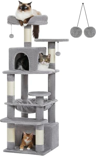 PAWZ Road Großer Kratzbaum, 136 cm Katzenturm für große Katzen, Katzenhaus mit Sisal-bezogenen Kratzbäumen und Polstern, 2 gepolsterten Sitzstangen, Doppelhaus und Korb für Hauskatzen – grau, klein