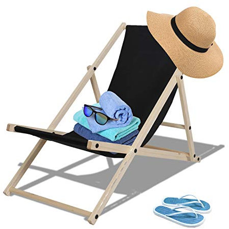 Ikodm Liegestuhl klappbar 120kg max,Gartenliege Klappbar Holz,Liegestuhl Garten wetterfest Verstellbar Sonnenliege Holz Relaxliege Garten für Camping Balkon Pool,Schwarz