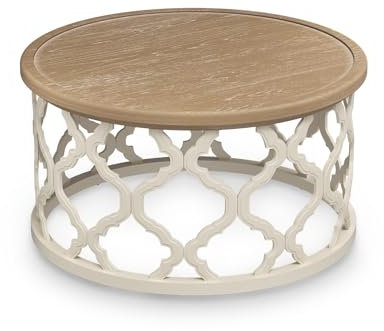 VONLUCE Farmhouse Coffee Table, 76 cm Round French Country Style With Distressed Wood Tray Top and Storage Shelf for Living Room, Dining Room, Bedroom, Small Spaces, Beige