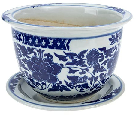 BESPORTBLE Pot De Fleurs en Porcelaine Bleue Et Blanche Pot De Fleur en Céramique Grands Pots De Jardin Vase À Bonsaï Orchidée avec Trou De Drainage Et Soucoupe