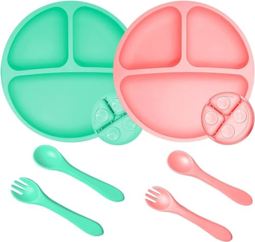 Barley Ears 2 pezzi piatti in silicone con ventosa per bambini, antiscivolo piatto bebe,piatto bambino in silicone con cucchiaio forchetta senza BPA,lavastoviglie e microfono, GJCP-1