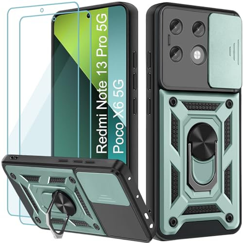 Yohii Cover per Xiaomi Poco X6/Cover Xiaomi Redmi Note 13Pro 5G, con 2 Pack Vetro Temperato, Protezione Fotocamera 360° Metallo Anello Supporto Militare Silicone Antiurto Hard PC Custodia - Verde
