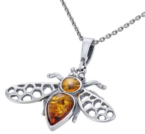 AMBEDORA Damen Biene 2 Halskette mit Bernstein, Oxidiertes Sterling Silber, Baltischer Bernstein in Cognac Farbe, Silber Anhänger mit Kette