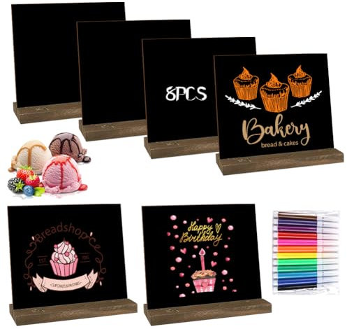 LOMUG 8 Stück Schiefertafel zum Beschriften mit 12 Farben Stift, Klein Kreidetafel Aufsteller mit Holzständern, Buffet Schilder Preisschilder Getränkekarte Tafel für Hochzeit, Party (15.5 * 14CM)