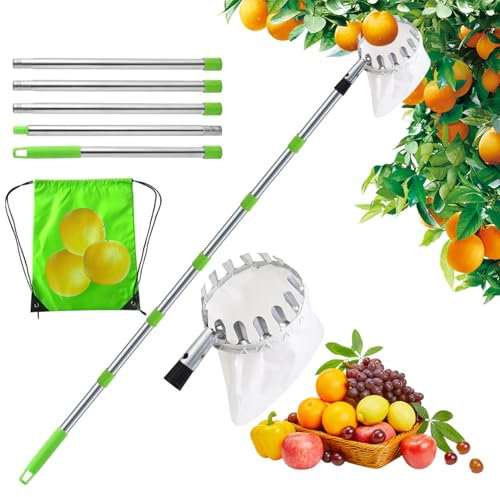 RCYHCY 2M Raccogli Frutta Telescopico,Raccoglitore di Frutta con Sacchetto di Cotone Ø16 cm, Raccolta di Mele, Raccolta Frutta per Ciliegie, per Raccogliere Mele Ciliegie Pere Arance Pesche