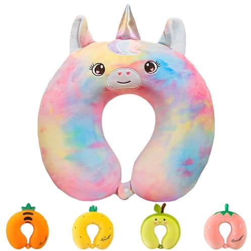AUNGCSHE Nackenkissen Kinder, Memory Foam Nackenkissen Einhorn Niedlich Mädchen Flugzeug Reisekissen, U-Formiges Nackenkissen Reise Flugzeug Büro für Erwachsene Kind (Einhorn)