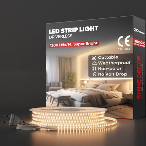 Shine Decor 20m Bande Lumineuse LED, 220V Autocollante Silicone Bande LED étanche IP65, SMD 2835 120 leds/m Ultra Haute Luminosité pour Décoration Maison Cuisine Jardin Eclairage LED (Blanc Chaud)