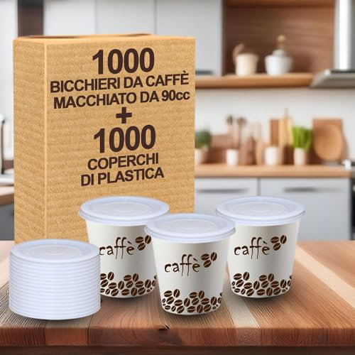 G.M. DISTRIBUZIONE 1000 Bicchieri per Caffè da 90ml con Coperchio in Plastica Piano senza Foro, Bicchieri e Coperchi Monouso Alta Qualità per Bar e Caffetterie