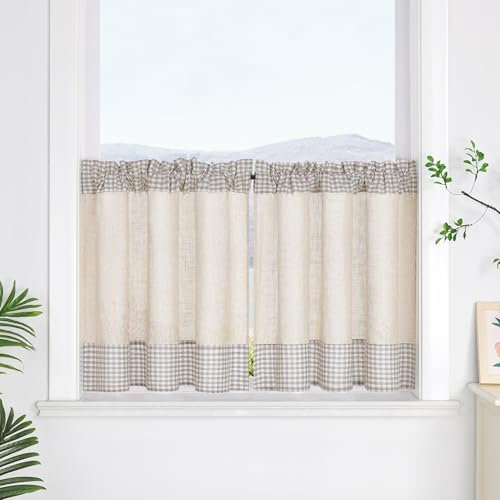 SCHOAL Scheibengardine mit Tunnelzug Leinenoptik Fenstergardine mit Karo Landhaus Kleinfenster Gardine Kariert 1 Stück HxB 45x120 cm Braun