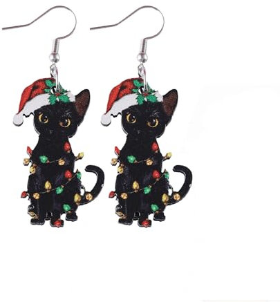 FloralGrace 1 Paar Weihnachts Ohrringe Schwarze Katze Mit Weihnachtsmütze Weihnachtsdekoration Weihnachten Christmas Decorations Baumeln Schmuck Für Frauen Damen