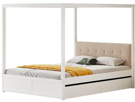 xixiworkshop Himmelbett 140×200 cm mit großen Schubladen und weicher Rückenlehne, Holz Bett Weiß/Grau (Weiß, 140×200 cm)