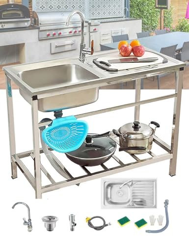AutmDizyne Fregadero Acero Inoxidable1Seno Independiente Comercial De Cocina, Fregaderos Industriales, Portatil Fregadero Exterior Jardin con Patas Acero Grifos Soporte, Fácil de Limpiar