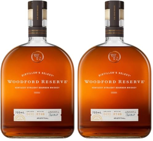 Woodford Reserve Bourbon Whiskey - Ein hochwertiges Geschenk - Perfekt ausgewogen mit würzigen und süßen Noten von Früchten und Vanille - 0.7L/43.2% Vol. (Packung mit 2)