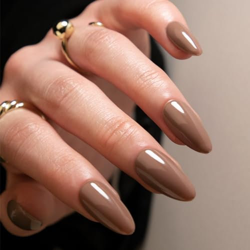 Ruzister Lot de 24 faux ongles ovales à presser, en forme d'amande, marron, en gel acrylique, courts, amande, amande