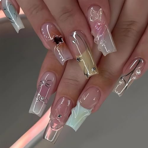 GlamRays French Press on Nails Quadratische Schmetterling Perlen Lange Nail Press Ons 3D Streifen Design Falsche Nägel Vollständige Abdeckung Künstliche 24 Stück
