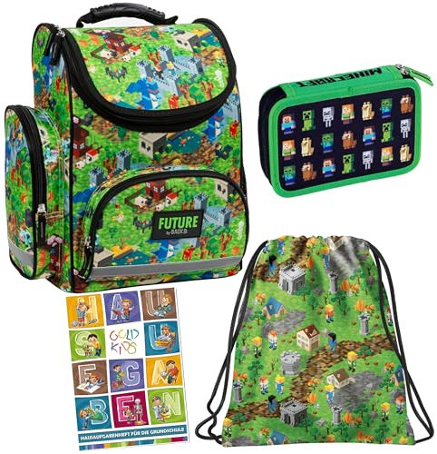 Goldkids- Schulranzen für Jungen und Mädchen - Schul-Rucksack für Kinder mit Federmäppchen - Schuhbeutel und Hausaufgabenheft - Minecraft Motiv - 1-3 Klasse