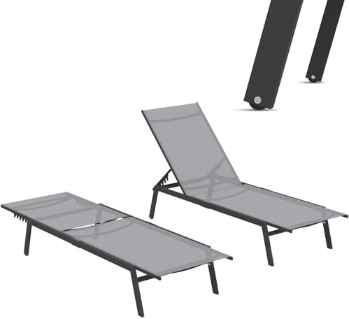 UNIONLINE Sonnenliege, Gartenliege Liegestuhl mit Rädern und verstellbaren 5-Position Rückenlehne, Belastbarkeit 350kg, Gartenstuhl für Pool, Garten Pool Terrasse (Dunkelgrau, 2PCS)