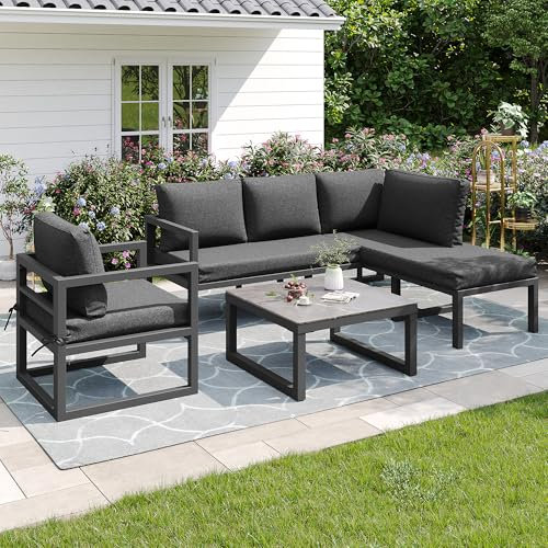 Gartenlounge Set für 4-5 Personen, Lounge Gartenmöbel Set mit Ecksofa, Sessel und Couchtisch, Balkonmöbel Wetterfest mit verzinktem Eisengestell und Kissen, verstellbare Füße, Grau