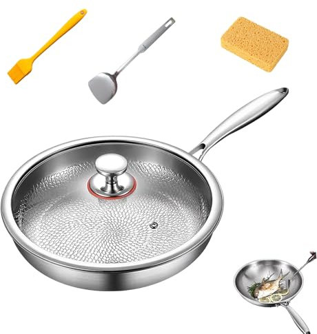 Poêle Pro martelée en titane avec couvercle, multifonctionnelle, ultra durable, résistante aux rayures, antiadhésive pour la cuisine (S-26 cm)