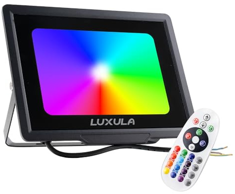LUXULA RGB LED Strahler Fluter Außen 50W dimmbar, IP65 | dimmbar mit Fernbedienung, IP65 Außenleuchte, bunt, Flutlichtstrahler für Garten, Party und Outdoor, Farbwechsel