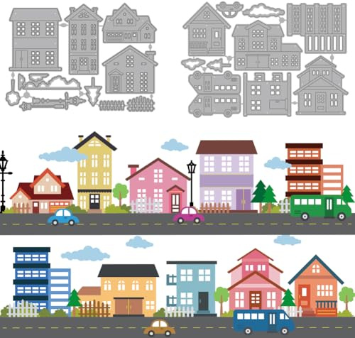 MAYJOYDIY House Tree Metal Cutting Dies Fence Grass Die Cuts Cars Street Lamps Embossing Template Building Clouds Carbon Steel Stencils for Card Making Scrapbooking Album Handbook Gift Decoration