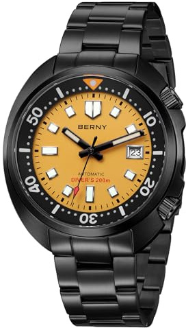 BERNY Automatikuhr Für Herren Komplett Schwarz Taucheruhr 200M Wasserdicht Herren Analog Mechanische Armbanduhr Mit Super Leuchtstark Datum Anzeige Fluoroelastomer Armband