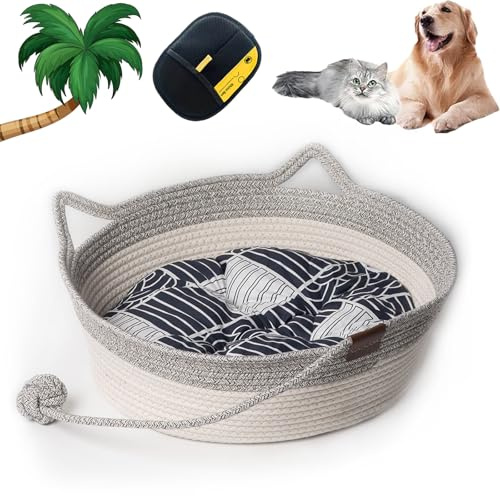 Handgewebtes Baumwollseil-Katzenbett, Katzenbettkorb - Katzenkorb aus Baumwollseil, Rattan Katzenhütte, Waschbar Atmungsfähig, Verschiedene Größen von Haustieren, Katzen und Hunden (Grey, M)