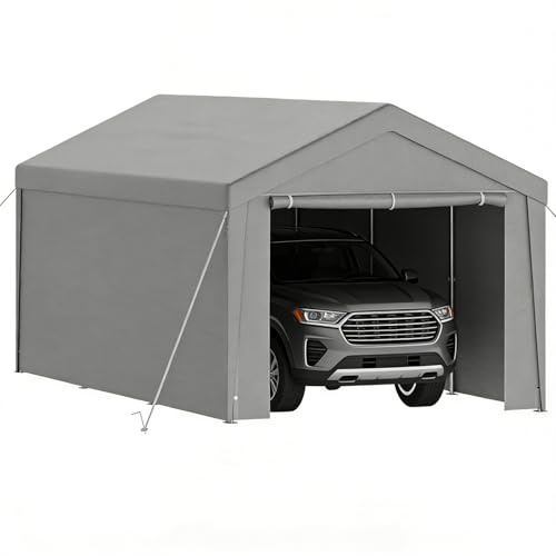 Ferzone Carport Zeltgarage 3x6m, Lagerzelt Winterfest Wasserdicht UV-beständig mit Metallrahmen& PE-Plane, Gerätehaus Fahrradgarage Gartenhaus mit Rolltore für Auto Motorrad LKW SUV Boot Fracht, Grau