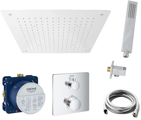 vanvilla Duschsystem Unterputz mit Duscharmatur Grohe poliert G42 | Duscharmatur von Grohe Grohtherm Thermostat Armatur und vanvilla Regendusche Duschkopf eckig, Dusch-SET poliert