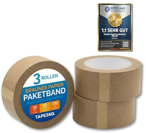 sowala Papier Paketklebeband braun 50mm x 50m plastikfrei - 3 Rollen | Recycelbar: einfach mit dem Karton ins Altpapier - stark klebend und reißfest