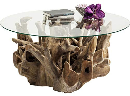 Kare Design Couchtisch Roots, Braun, 100cm Durchmesser, Beistelltisch, Wohnzimmertisch, Massivholz Korpus, ESG-Glas Tischplatte, handgemacht, Unikat, rund, 45x100x100 cm (H/B/T)