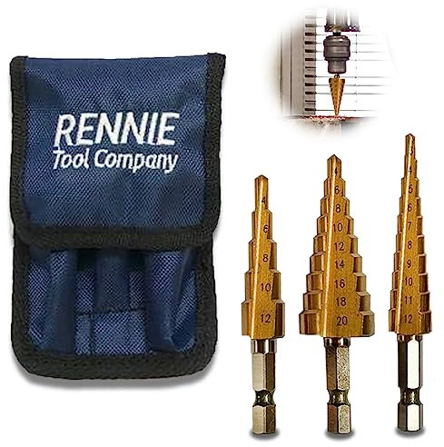 RENNIE TOOLS - 3 Piece Large HSS Step Cone Drill Set + Blue Nylon Storage Pouch / 3-12mm 4-12mm 4-20mm / Titanium (TiN) Coated Set Hole Cutter
