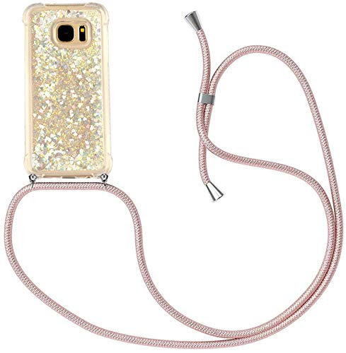 HongMan Collier Coque pour Samsung Galaxy S7 Edge - Mode Tour de Cou Telephone Étui Paillettes Quicksands Liquide Glitter Cover, Housse pour Smartphone Lanyard Transparente Silicone Case