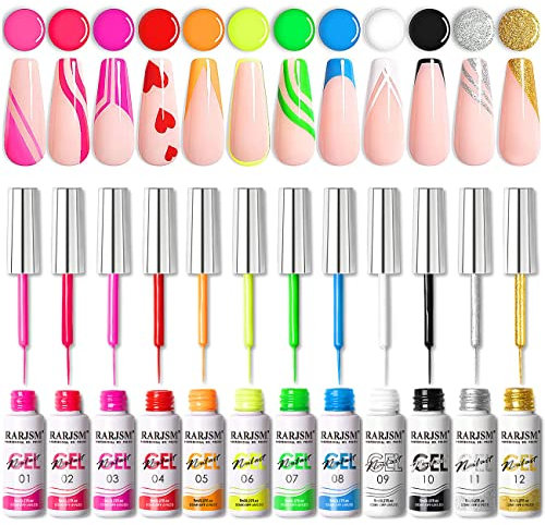 RARJSM Nail Art Gel Nail Polish 8ml Painted GelPolish Kit 12 Colors Painting Drawing Gel Liner Polish,Pull Line GelPolish for DIY French Manicure Nail Salon Design,Curing Requires