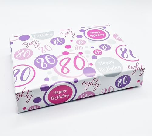 Geschenkpapier zum 80. Geburtstag, 2 Bögen + 2 passende Geschenkanhänger für Frauen zum 80. Geburtstag, Rosa, Lila, Weiß, Geschenkpapier für Frauen