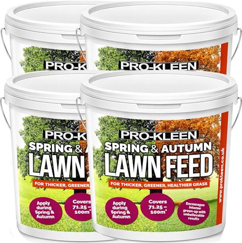 Pro-Kleen Spring and Autumn Lawn Feed 4 x 2.5kg NPK 6-5-11+6FE Iron Lawn Fertiliser for Green Up & Plant Strength - Covers up to 400m2 - Prevents Disease & Lasts up to 6 Weeks