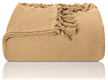 LAYNENBURG Premium Tagesdecke mit handgeknüpften Fransen - 100% Baumwolle - 150 x 220 cm - Waffelpique Sommerdecke - Baumwolldecke als Bett-Überwurf, Couch-Überwurf & Sofa-Decke (Beige)