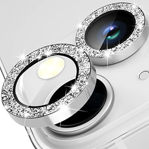 imluckies Compatible with iPhone 14 / iPhone 14 Plus Camera Lens Protector Bling, Upgraded 9H Tempered Glass Lens Screen Protection Cover Premium Aluminum Alloy Edges Individual Glitter Ring, Silver