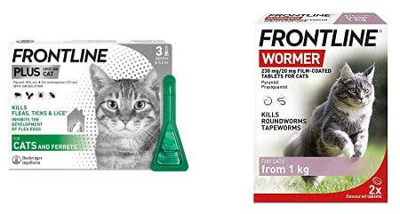 FRONTLINE Plus Flea & Tick Treatment for Cats - 3 Pipettes & FRONTLINE Wormer for Cats - 2 Tablets