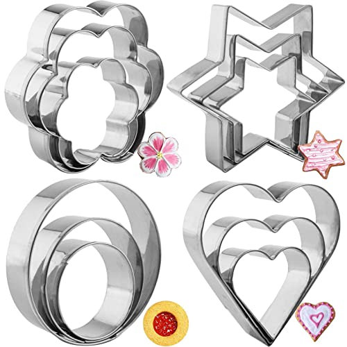 Juego de 12 cortadores de galletas con forma de corazón, flor redonda, forma de estrella, moldes de metal de acero inoxidable para cocina, hornear, cumpleaños, Navidad, día de San Valentín, cortadores