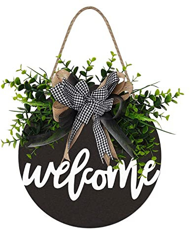 HAOSHICS Panneau de bienvenue rustique en bois pour porte d'entrée, décoration de porche de ferme, style tableau blanc (noir, bienvenue)