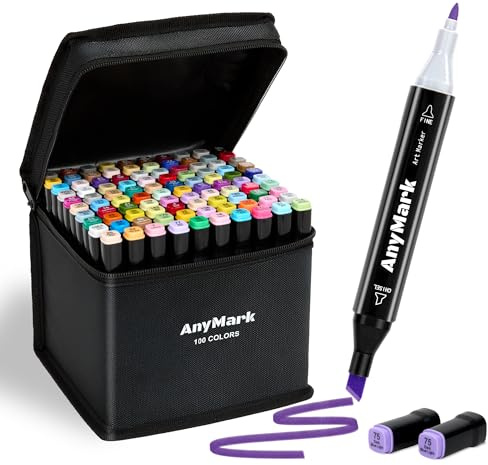 AnyMark Alkohol Marker, 100 Farben Alcohol Marker mit Meißel- & Feinspitzen | Künstler Stifte Set für Erwachsene zum Zeichnen, Illustrieren und Skizzieren, mit schwarzem Stiftkörper
