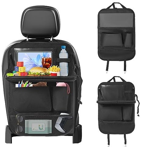Deruaku Car Seat Organiser, Multi Pocket Car Accessories, Car Backseat Protector with Foldable Tray Table, Car Organiser with 6 Pockets, Touch Screen Tablet Holder for Bottles, Toys, Books