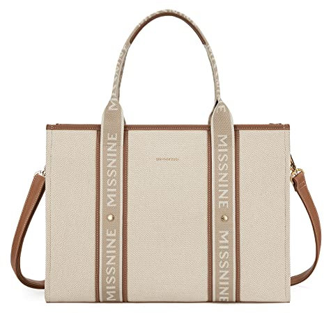Missnine Bolsa de lona para portátil de 15,6 pulgadas, maletín para mujer, gran capacidad, bolso para oficina, escuela, viajes, Marrón + Beige, Elegante