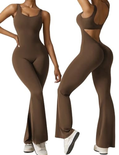Vertvie Damen Jumpsuit Flared Eng Scrunch Butt Bodysuit Lang Yoga Ärmellos Overall Sport Rückenfrei Einteiler Bootcut Onepiece Ganzkörperanzug Sexy Playsuits Gym Workout Bodycon,Kaffee,S