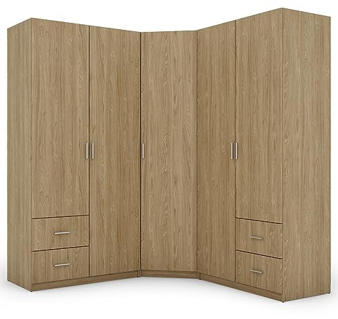 e-Meblast - 3-teilige Eckschrank - 189x214x54 cm - Ohne Spiegel - Schlafzimmer, Wohnzimmer Eck Ecke Eckeschrank - 20 Einlegeböden - 4 Schubladen - 3 Kleiderstange - Schrank - PVC-Kante - Geölte Eiche