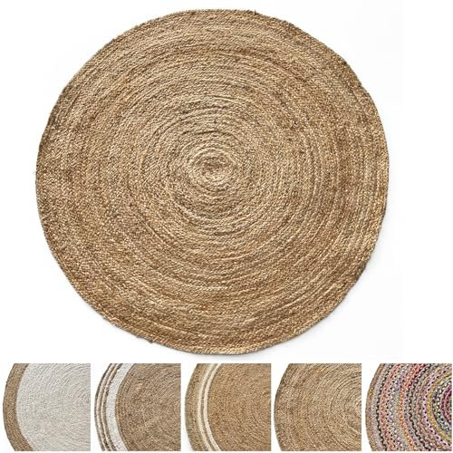 KARAT Jute Teppich rund 150cm Ø Bastteppich aus 100% Naturfaser - geflochten Boho Juteteppich, Handgewebter Naturteppich für Küche & Wohnzimmer robust & reißfest (Surat)